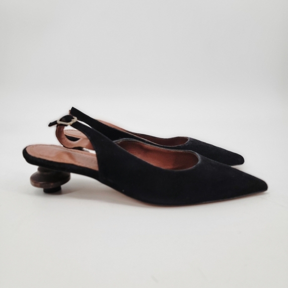 Souliers Martinez Black Pointed Toe Wooden Kitten Heel Slingback Size 8 EU 39 - Picture 9 of 16